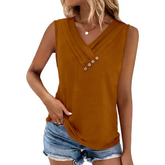 Women Summer Button Down V Neck T Shirts Sleeveless Loose Fit Fashion Tops