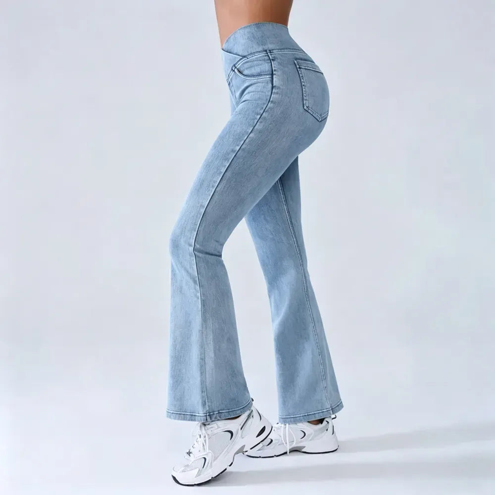 Women's High-Waisted Stretch Jeans with Crossover Design — Slim-Fit Flared Denim Leggings