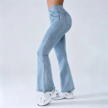 Women's High-Waisted Stretch Jeans with Crossover Design — Slim-Fit Flared Denim Leggings