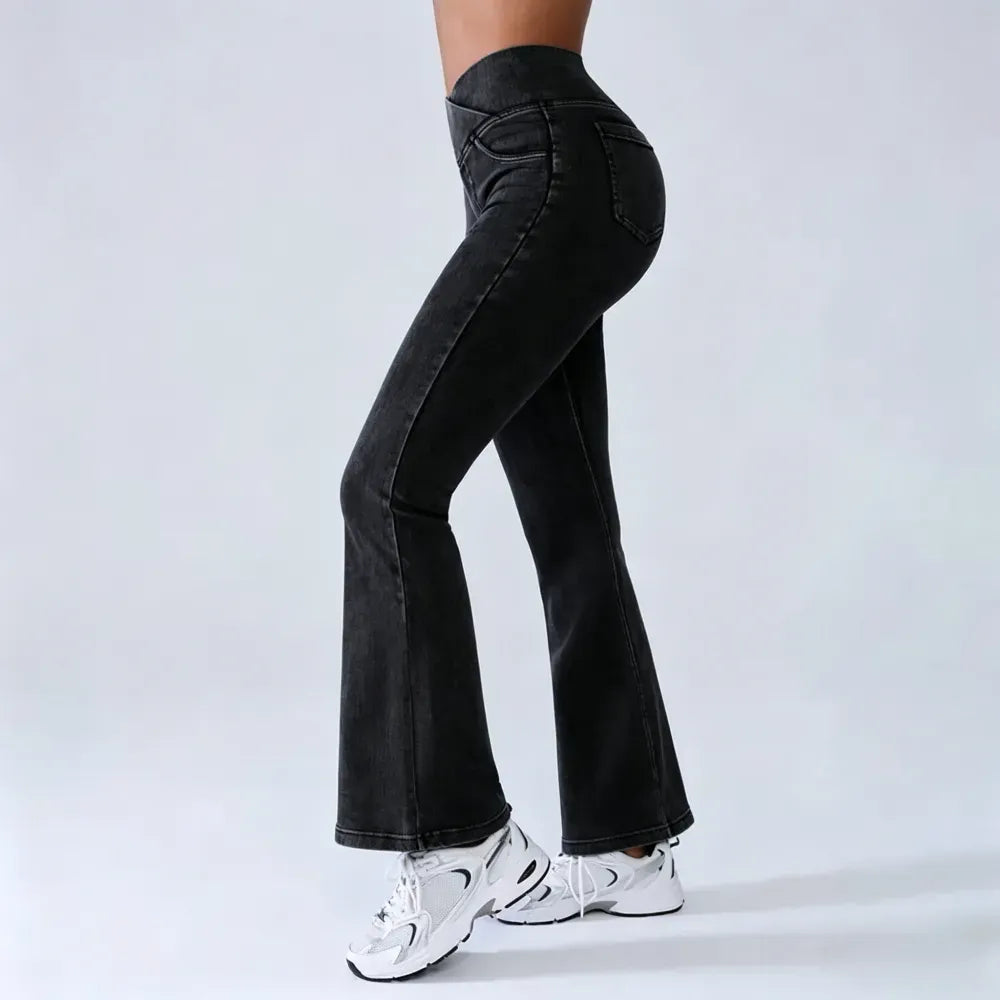 Women's High-Waisted Stretch Jeans with Crossover Design — Slim-Fit Flared Denim Leggings