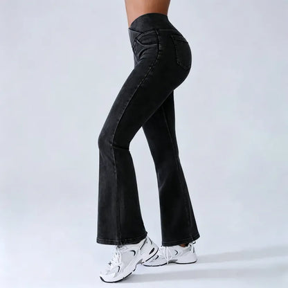 Women's High-Waisted Stretch Jeans with Crossover Design — Slim-Fit Flared Denim Leggings