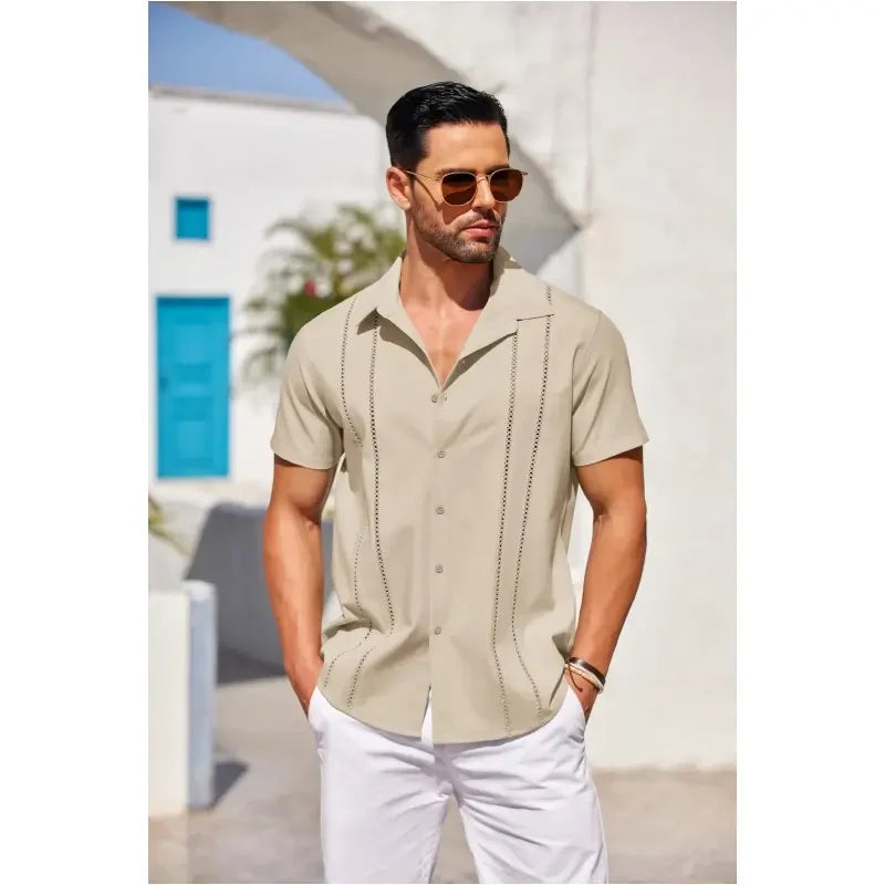 This Week's Special Price💥Men's Cuban Guayabera Shirt Short Sleeve V-Neck