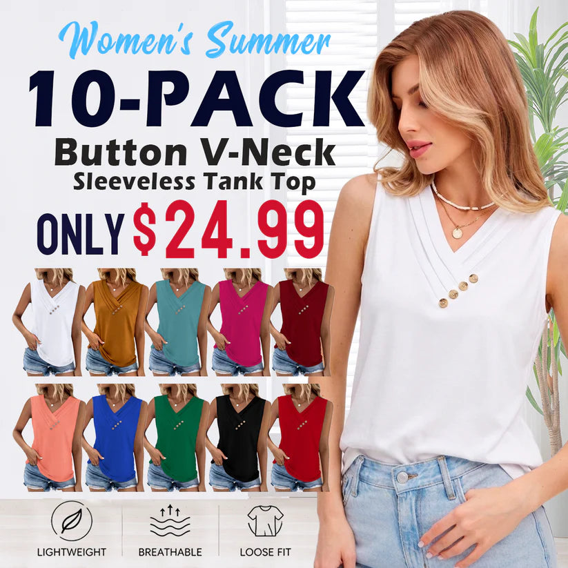 Women Summer Button Down V Neck T Shirts Sleeveless Loose Fit Fashion Tops