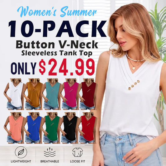 Women Summer Button Down V Neck T Shirts Sleeveless Loose Fit Fashion Tops