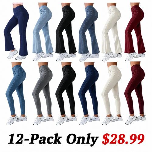 Women's High-Waisted Stretch Jeans with Crossover Design — Slim-Fit Flared Denim Leggings