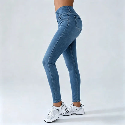 Women's High-Waisted Stretch Jeans with Crossover Design — Slim-Fit Flared Denim Leggings