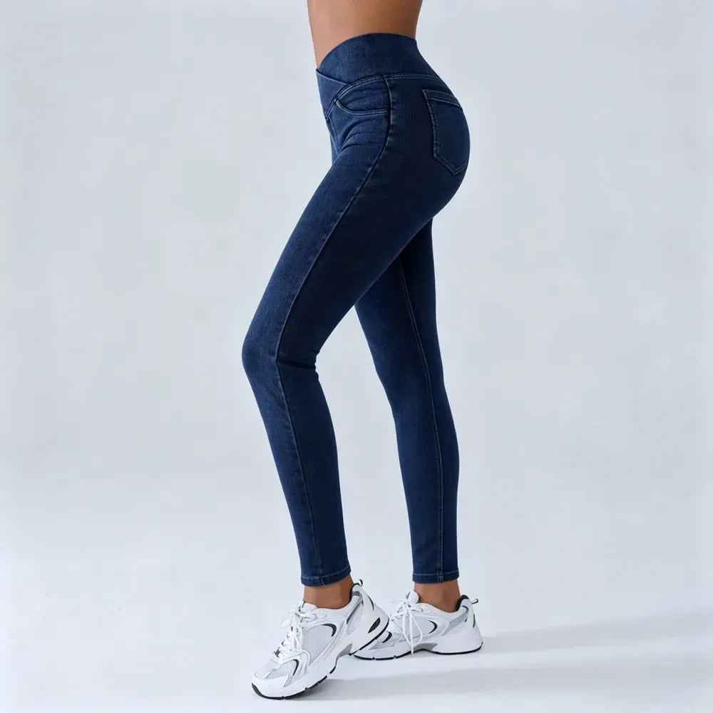 Women's High-Waisted Stretch Jeans with Crossover Design — Slim-Fit Flared Denim Leggings