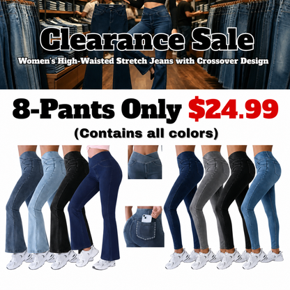 Women's High-Waisted Stretch Jeans with Crossover Design — Slim-Fit Flared Denim Leggings