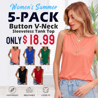 Women Summer Button Down V Neck T Shirts Sleeveless Loose Fit Fashion Tops