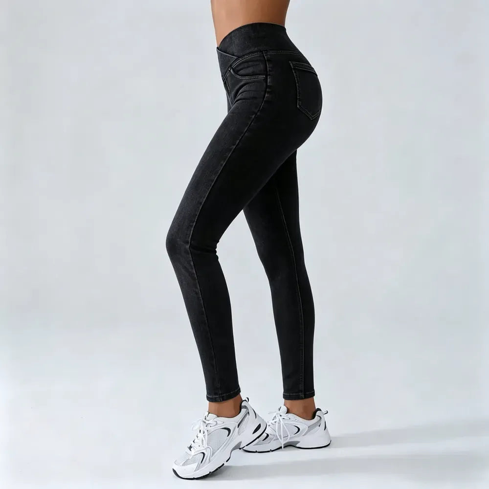 Women's High-Waisted Stretch Jeans with Crossover Design — Slim-Fit Flared Denim Leggings