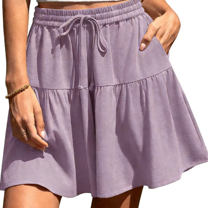 Women's Linen Blend Wide Leg Flowy Culotte Shorts Drawstring Loose Fit Summer Casual Lightweight Comfy Vacation Wear