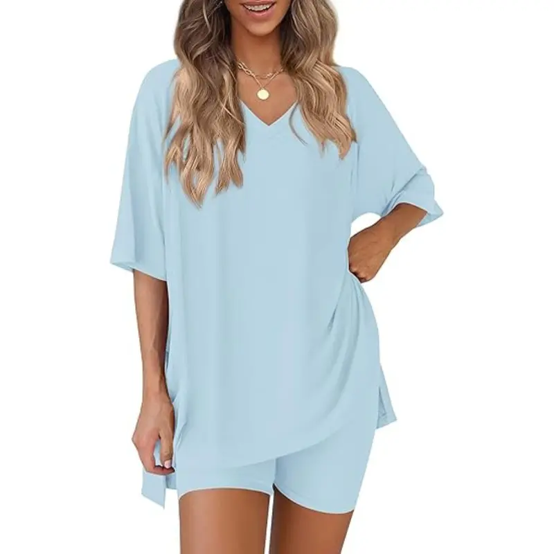 Women's Summer 2 Piece Lounge Set Oversized T-Shirt & Biker Shorts