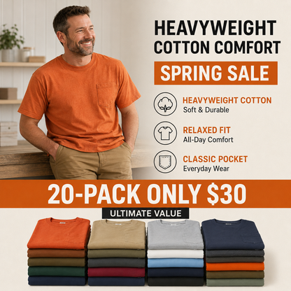 🔥Men's Heavyweight Cotton Pocket T-Shirt – Relaxed Fit Everyday Casual Tee | Big & Tall Available