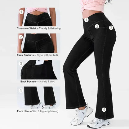 Women's High-Waisted Stretch Jeans with Crossover Design — Slim-Fit Flared Denim Leggings